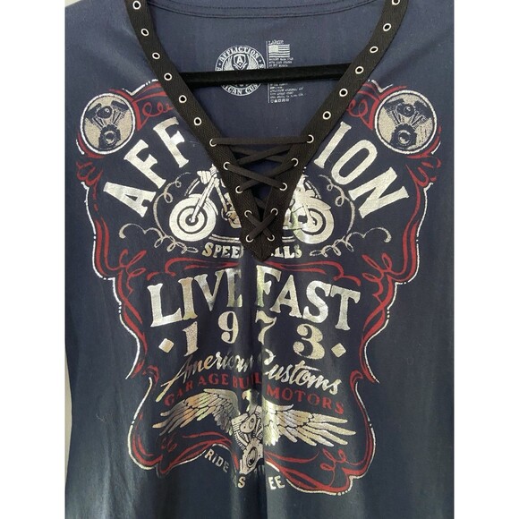 Affliction Womens American Customs Moto Foil Graphic Lace Up Top Size L Blue Y2K - Picture 5 of 15